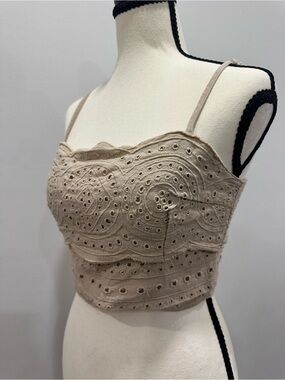 JASON WU Tan Khaki Embroidered Eyelet Crop Tank LINEN Beige Bralette Size 8